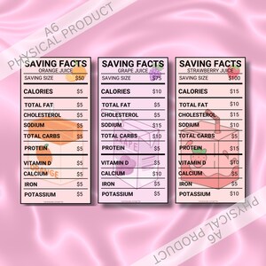 May include: Three colorful juice-themed Saving Facts charts. Each chart displays nutritional information for orange, grape, and strawberry juice, including calories, fat, cholesterol, and vitamins. The background is a soft pink.