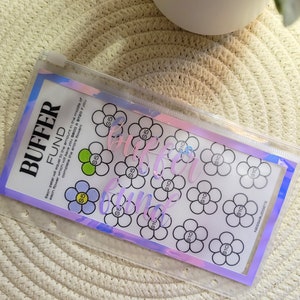 Peut inclure: Une pochette en plastique transparente avec une bordure holographique irisée. La pochette contient une feuille de papier blanc avec un fond aquarelle rose et bleu. Le papier porte un titre qui se lit "Buffer Fund" et présente un motif de fleurs avec des montants en dollars écrits à l'intérieur de chaque fleur. Les fleurs sont soulignées en noir.