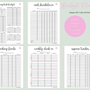 May include: A printable budget planner with five pages, including a paycheck budget, cash breakdown, sinking funds, weekly check-in, and expense tracker. The planner is designed for use with a classic HP printer and measures 7.25 inches by 9 inches.