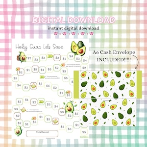 Könnte beinhalten: Digitaler Download mit einem Spar-Tracker mit Avocado-Illustrationen und dem Text "Holy Guac Lets Save". Enthält einen A6-Umschlag mit einem Avocado-Muster. Das Design befindet sich auf einem farbenfrohen, karierten Hintergrund.
