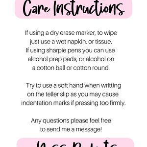 May include: Pink and black text on a white background with care instructions for dry erase markers and sharpie pens. The text reads "Care Instructions" and "Nessa Budgets".