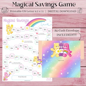 Könnte beinhalten: Ein druckbares Spielbrett mit Care Bears-Charakteren auf einem Regenbogenhintergrund. Das Spielbrett soll Kindern helfen, das Sparen zu lernen. Das Brett enthält Felder mit verschiedenen Eurobeträgen sowie Sonderfelder, auf denen die Spieler zusätzliches Geld verdienen können. Zum Spiel gehört auch ein A6-Kuvert für Bargeld.