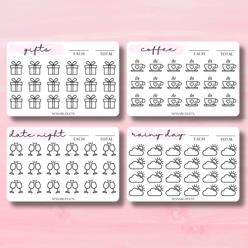 May include: A printable sheet of black and white icons for a bullet journal. The icons include gifts, coffee cups, wine glasses, and clouds with suns. The sheet has headings for "gifts", "coffee", "date night", and "rainy day" with columns for "each" and "total".