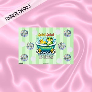 May include: Green frog and yellow rubber ducky in a bathtub with the text "Splish Splash Your Opinion Is Trash". The background is green and white stripes with white and silver glitter dots.