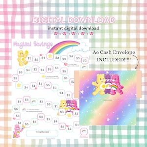 Puede incluir: Descarga digital de un rastreador de ahorro con ilustraciones de Care Bears, un arcoíris y estrellas. Incluye un sobre A6. El diseño tiene un fondo de arcoíris pastel y cuadros.
