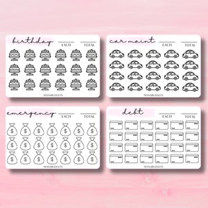 May include: Four black and white printable budget tracker sheets with headings: birthday, car maint., emergency, and debt. Each sheet has a grid of icons with spaces for writing in amounts for each and total.