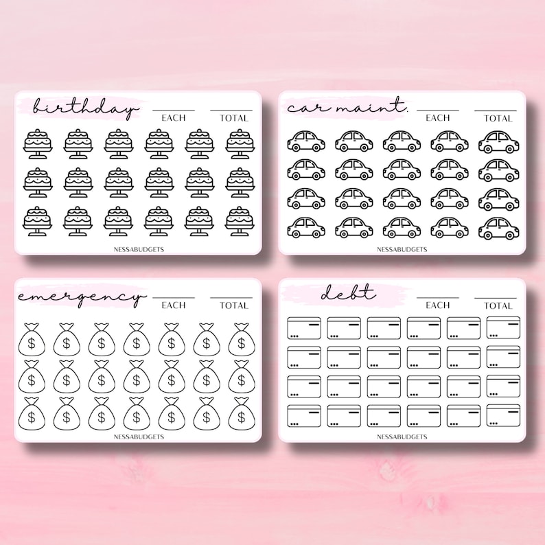 May include: Four black and white printable budget tracker sheets with headings: birthday, car maint., emergency, and debt. Each sheet has a grid of icons with spaces for writing in amounts for each and total.