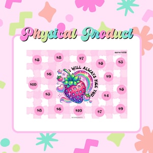 May include: A rectangular savings challenge tracker with a pink plaid background. The centre features a strawberry illustration with a rainbow and the text I WILL ALWAYS PICK YOU. It includes various dollar amounts in circles to mark savings.