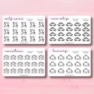 May include: Four black and white sticker sheets with different themes: self care, new whip, vacation, and luxury. Each sheet has a title, "EACH", "TOTAL", and multiple icons.