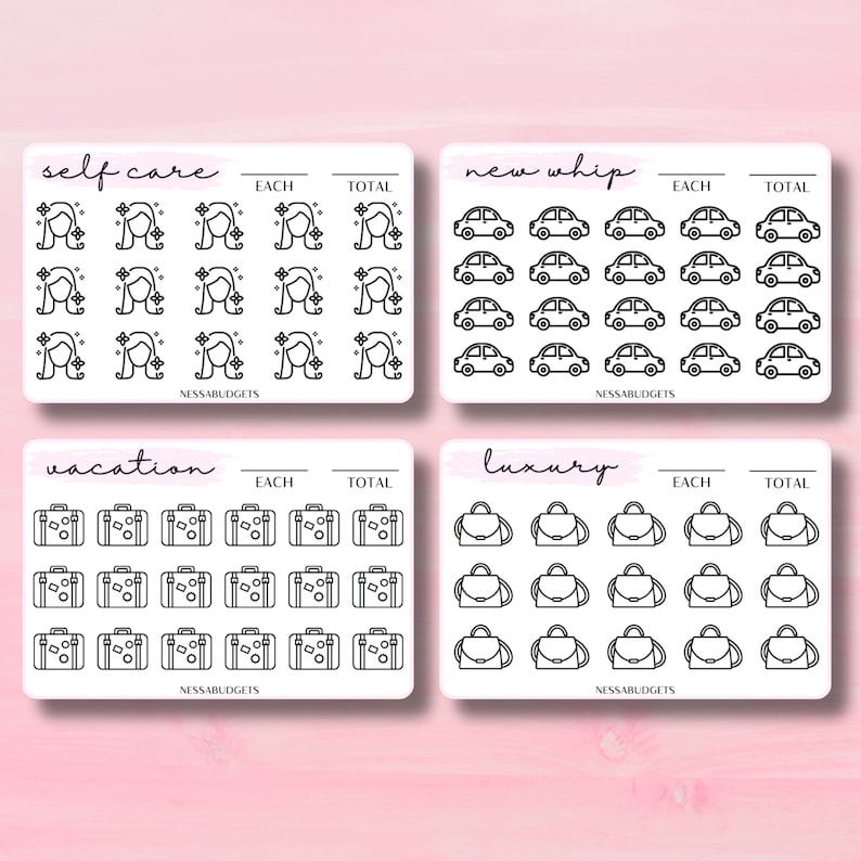 May include: Four black and white sticker sheets with different themes: self care, new whip, vacation, and luxury. Each sheet has a title, "EACH", "TOTAL", and multiple icons.