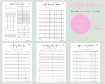 May include: A printable budget planner with six pages, each featuring a different financial tracking template. The pages include sections for paycheck budget, cash breakdown, sinking funds, weekly check-in, and expense tracker. The planner is designed for 8.5 x 11 inch paper.