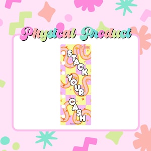 May include: A rectangular paper insert featuring a yellow and pink checkered background with orange wavy lines. The text STACK YOUR CASH is printed in white with a black outline. The top right corner displays the text SAVE $38 in small orange letters.