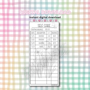 May include: A digital download self-care budget planner with a pastel gingham background. The planner includes sections for date, description, +/- and balance. The text "DIGITAL DOWNLOAD" and "instant digital download" are at the top.