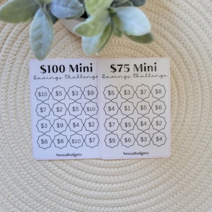 May include: Two printable cards for a savings challenge. The cards are white with black text and lines. The left card is for a $100 mini savings challenge and the right card is for a $75 mini savings challenge. Each card has a grid of 16 squares with dollar amounts in each square.