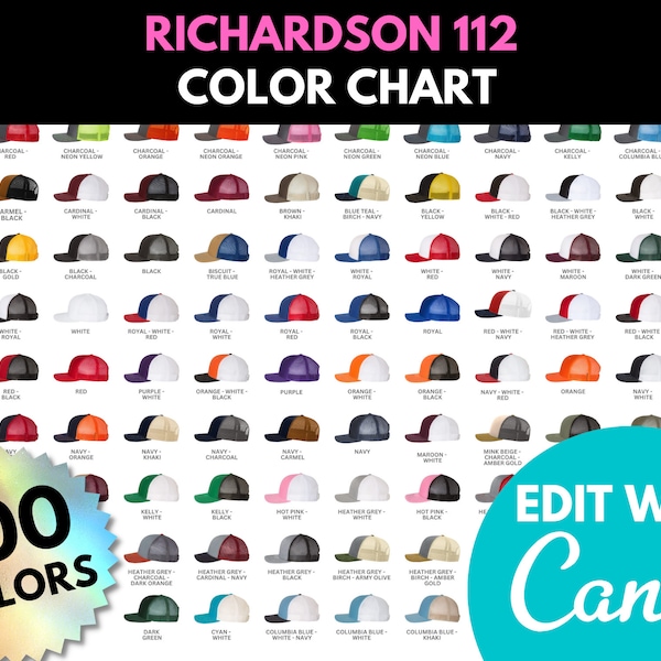 Richardson 112, Color Chart, Color Swatches, Cap Colors Overview, Snapback Trucker Cap, Transparent, Hat Color Chart, Canva Template