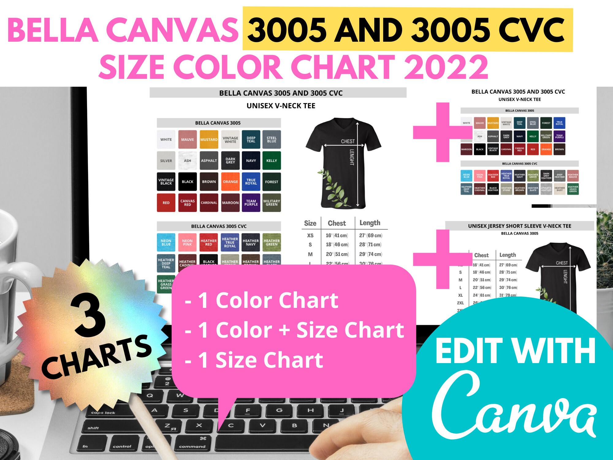 Bella Canvas 3005CVC 3005 CVC 2022 Color Chart Size Chart - Etsy