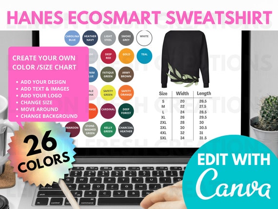 Hanes Sweatshirt Color Chart, Size Chart, Hanes Ecosmart, Hanes