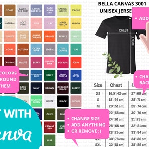 Bella Canvas Color and Size Chart Bella Canvas 3001CVC - Etsy