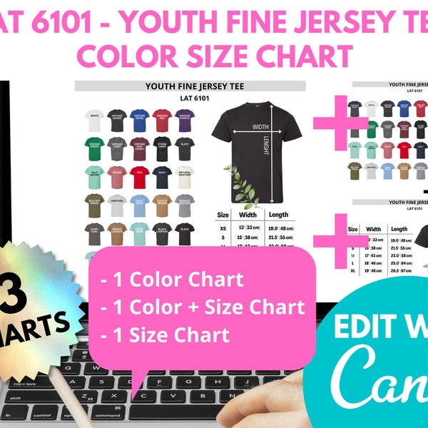 LAT 6101 Size Chart, Editable Template, LAT Size Guide, Youth Fine Jersey Tee, Color Chart Youth Tee, Size Chart Youth Tshirt, LAT Apparel