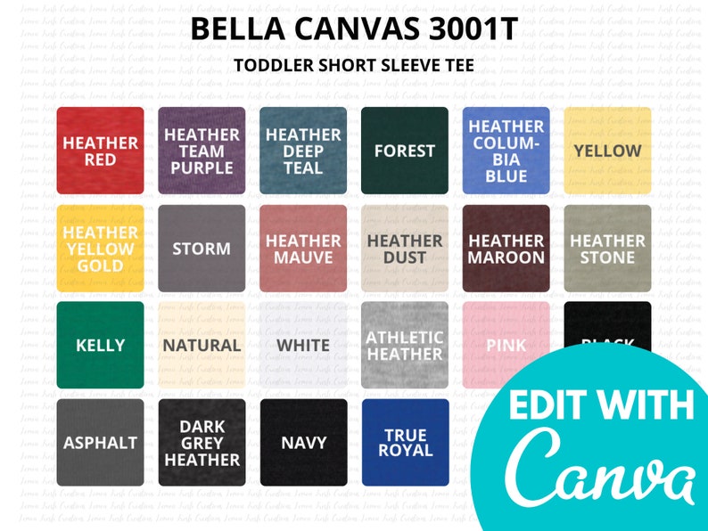 Bella Canvas Color and Size Chart Bella Canvas 3001T Solid | Etsy