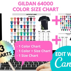 Gildan 64000 Size Chart, Color Chart, Gildan 64000, Editable Gildan Color Guide, Softstyle Shirt, Size Chart 64000, Gildan G640 Size