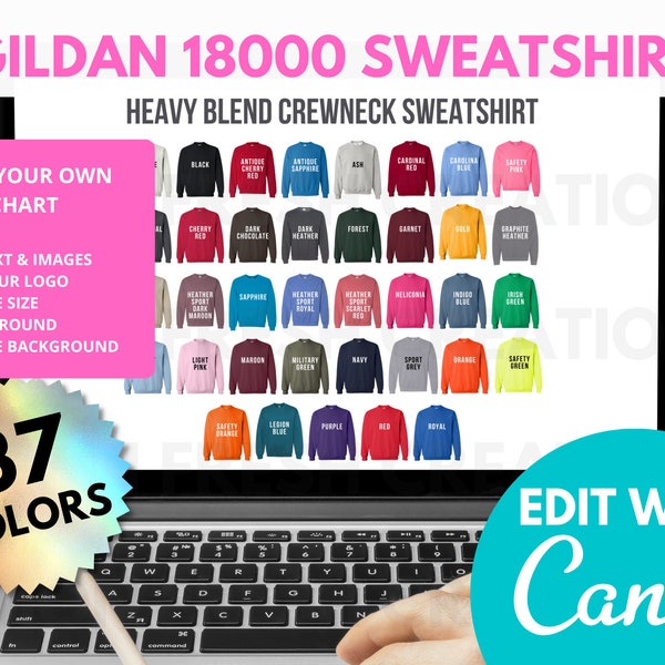 Gildan 18000 Color Chart, G18000 Color Chart, Crewneck Sweatshirt Colors, Heavy Blend,  Gildan Color Guide, Customizable, G180, Editable