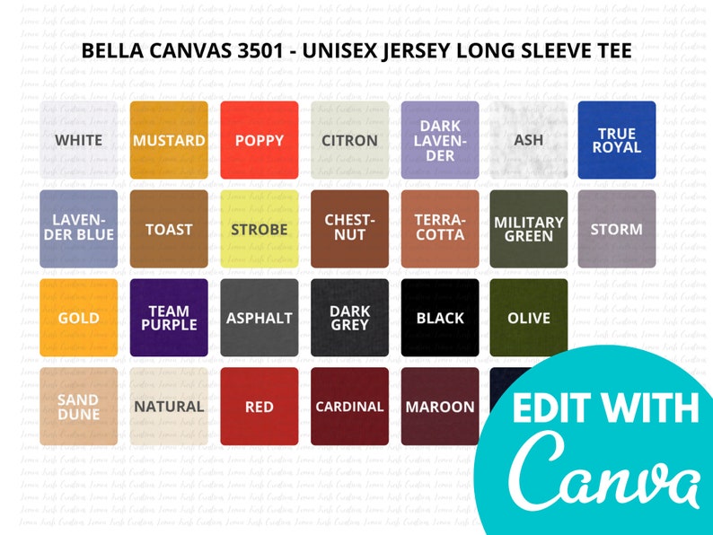 Bella Canvas 3501 Color Chart Size Chart BC3501 Editable | Etsy Ireland