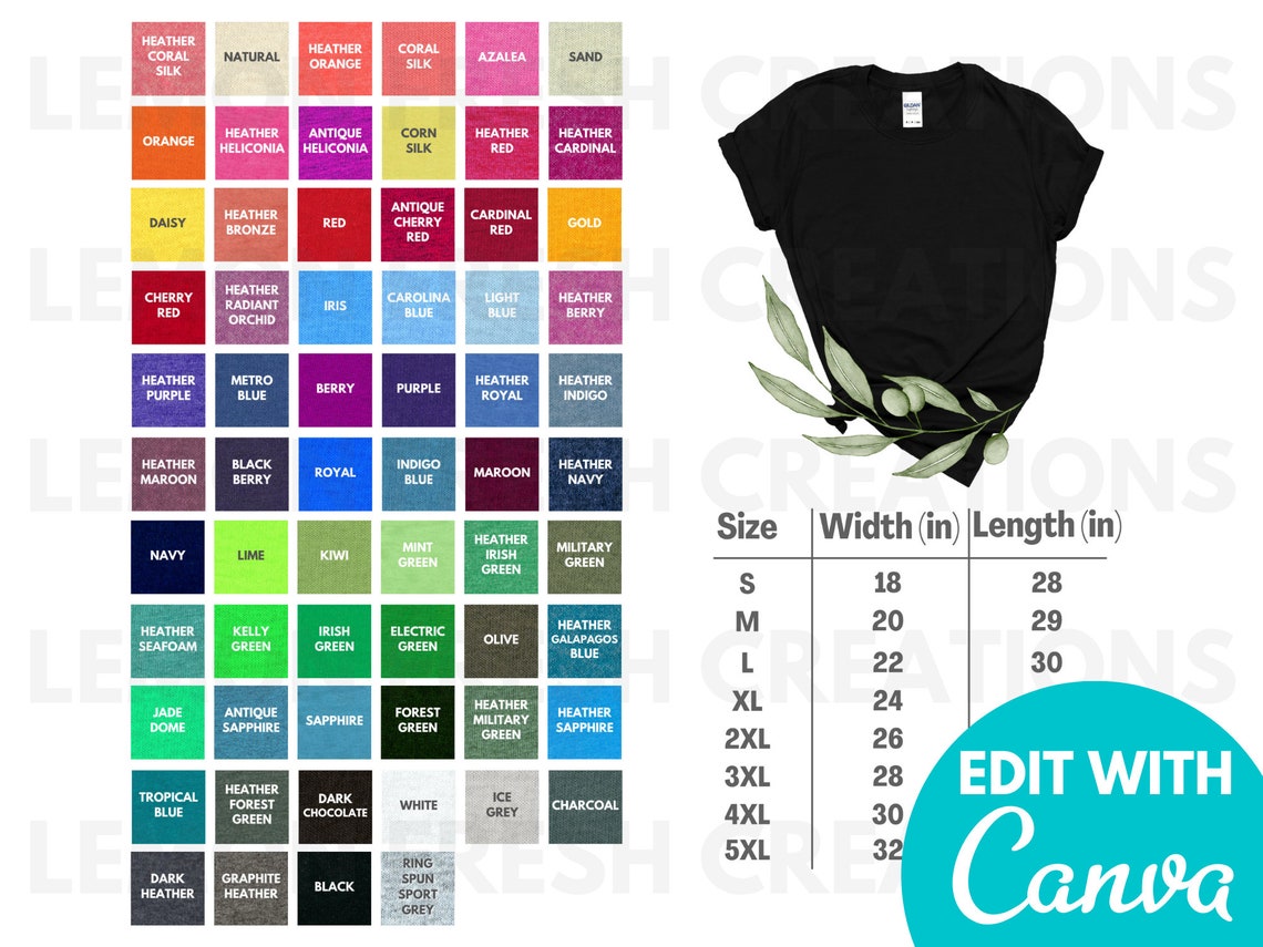 Gildan 64000 Color Chart Size Chart Gildan 64000 Editable | Etsy