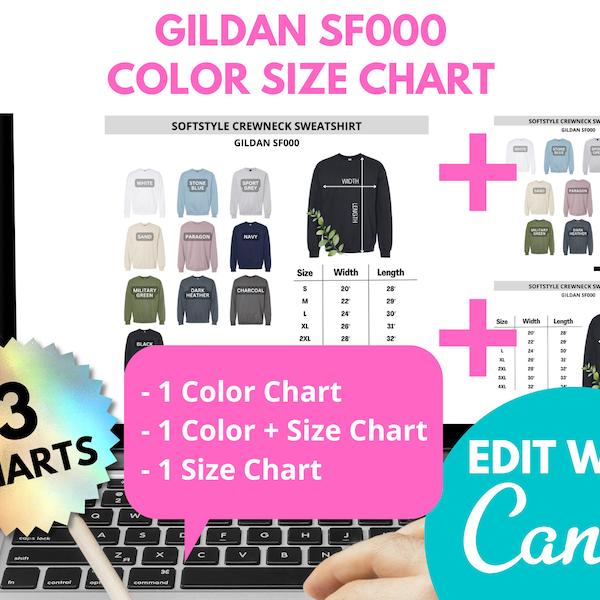 Gildan SF000 Color Chart, Size Gildan SF000, Gildan Chart, Softstyle Crewneck Sweatshirt, Sweater Size Chart, Editable Guide, Canva Template