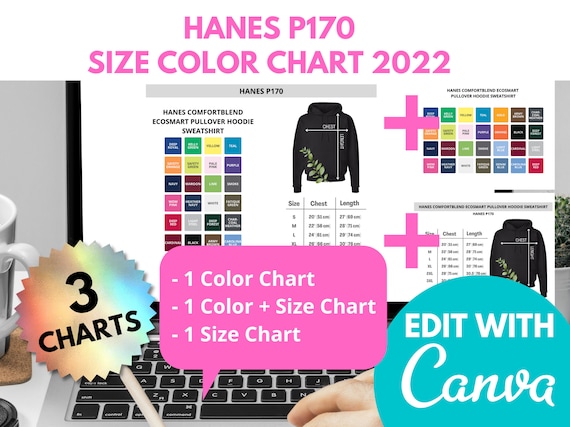 Hanes Color Chart, Hanes Size Chart, Pullover Hoodie Hanes P170, Ecosmart  Hooded Sweatshirt, Comfortblend Hoodie, Editable Template, Men 