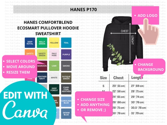 Hanes Color Chart, Hanes Size Chart, Pullover Hoodie Hanes P170, Ecosmart  Hooded Sweatshirt, Comfortblend Hoodie, Editable Template, Men 