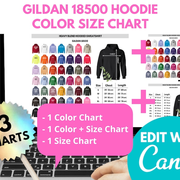 Gildan 18500 Size Chart, Editable, Gildan G185, Gildan Size Guide, Hoodie Color Chart, Size Chart for 18500 Heavy Blend Hooded Sweatshirt