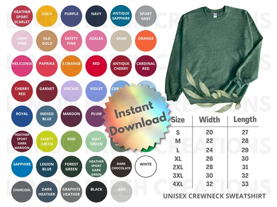 Gildan 18000 Color Chart, Size Chart, Gildan 18000, Gildan Color Guide,  Crewneck Sweatshirt, Size Chart 18000, G18000 Color Chart, G180