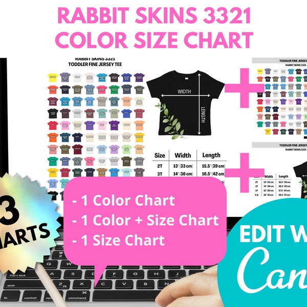 Rabbit Skins 3321, Color Chart, Size Chart, Rabbit Skins Chart, Toddler Tee, Fine Jersey Tee, Rabbit Skins Size, Editable Template, Kids Tee