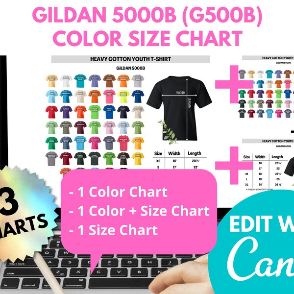 Gildan 5000B Color Chart, Color Gildan 5000B Youth, Heavy Cotton, Shirt Mockup, Gildan Guide, EditableTemplate, Size Chart 5000B, G500B Tee