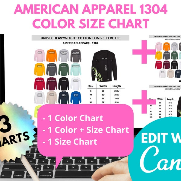 American Apparel 1304, Size Chart, Color Apparel 1304, Color Chart, Editable Template, Edit in Canva, Shop Template, POD Size Chart