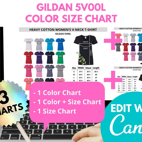Gildan 5V00L Size Chart, Editable Chart, Gildan G5V00L, Gildan Size Guide, V-Neck Color Chart, Heavy Cotton Women’s V-Neck T-Shirt, Canva