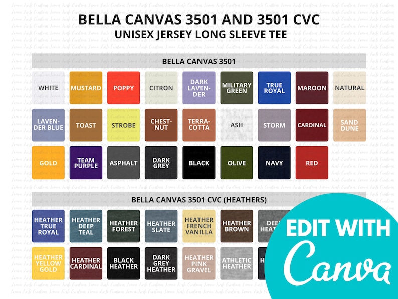 Bella Canvas 3501CVC 3501 CVC 2022 Color Chart Size Chart Etsy