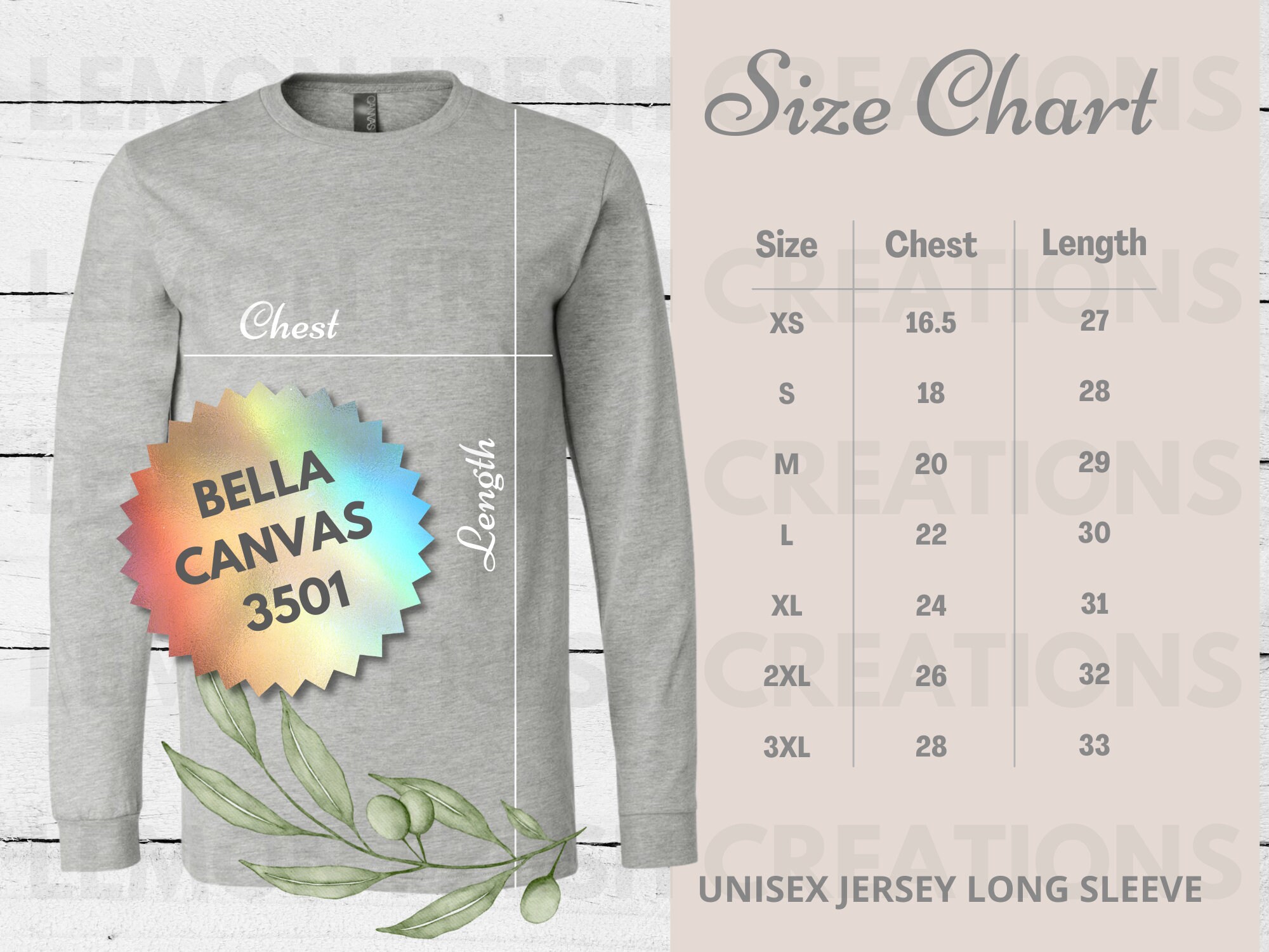 bella canvas 3501 size chart