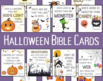 Schede con versetti biblici di Halloween per bambini / Scritture stampabili / Schede informative per il dolcetto o scherzetto / Download immediato in PDF / Set da 18
