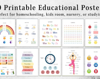 Set of 10 Educational Posters | Printable Education Pages for Homeschooling, Montessori School, Homeschool Room, Kids Playroom, Nursery Art