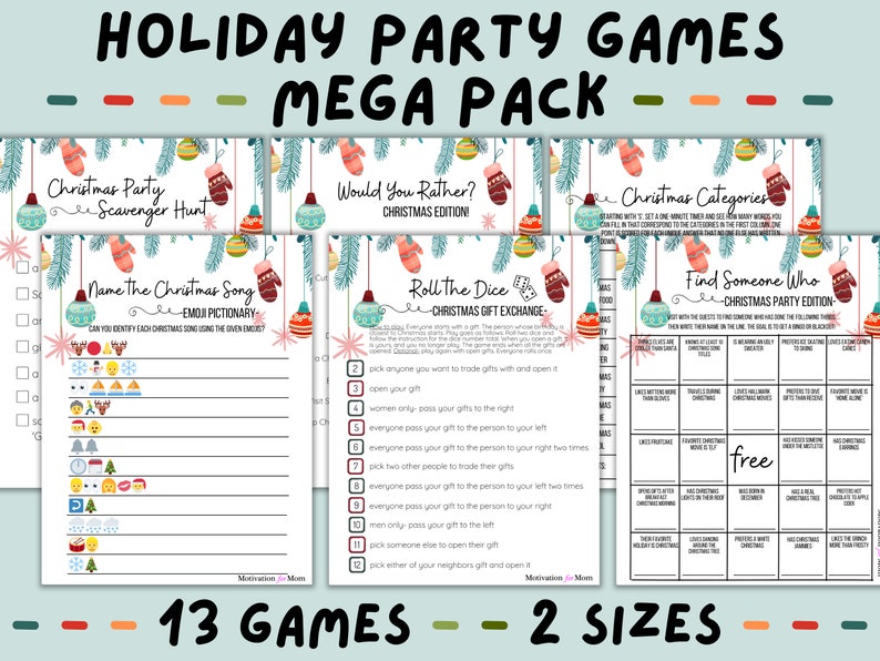 Puede incluir: Un conjunto de 13 juegos de fiesta de Navidad imprimibles en dos tama&ntilde;os. Los juegos incluyen una b&uacute;squeda del tesoro, un juego de emoji de canci&oacute;n navide&ntilde;a, un juego de &laquo;&iquest;Qu&eacute; prefieres?&raquo;, un juego de dados, un juego de categor&iacute;as navide&ntilde;as y un juego de &laquo;encuentra a alguien que&raquo;.
