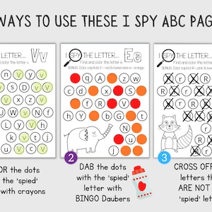 May include: Three black and white illustrations with instructions for a letter-finding game. The first image shows a vulture, the second an elephant, and the third a raccoon. Each image has a grid of letters with instructions to color, dab, or cross off the letters.