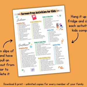 Op de afbeelding: Een afdrukbare lijst met schermvrije activiteiten voor kinderen, ingedeeld in binnen-, buiten- en rustige/actieve spellen. De lijst bevat idee&euml;n voor creatief spelen, hersenopbouw en actieve spellen. De tekst moedigt aan tot downloaden en printen.