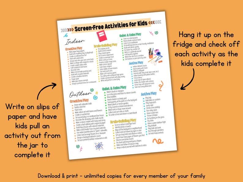 Op de afbeelding: Een afdrukbare lijst met schermvrije activiteiten voor kinderen, ingedeeld in binnen-, buiten- en rustige/actieve spellen. De lijst bevat idee&euml;n voor creatief spelen, hersenopbouw en actieve spellen. De tekst moedigt aan tot downloaden en printen.