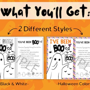 May include: A digital printable set featuring two styles of Halloween Boo signs. One style is black and white, and the other features orange, purple, and black accents. Both designs include a ghost illustration, text, and instructions.