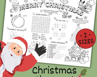 May include: A black and white Christmas-themed placemat with various activities, including a word search, tic-tac-toe, and a maze. The words "Merry Christmas" are at the top. A red circle indicates two sizes. The words "Christmas Placemat" are at the bottom.