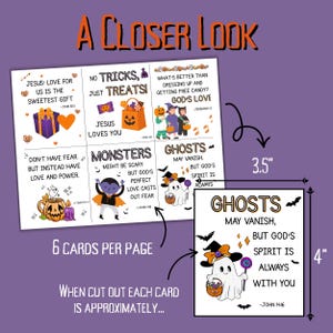 Puede incluir: Una hoja de tarjetas con tem&aacute;tica de Halloween con mensajes inspiradores e ilustraciones. Las tarjetas presentan frases como &laquo;&iexcl;Sin trucos, solo golosinas!&raquo; y &laquo;Los fantasmas pueden desvanecerse, pero el esp&iacute;ritu de Dios siempre est&aacute; contigo&raquo;. Cada tarjeta mide aproximadamente 8.9 x 10.2 cm.