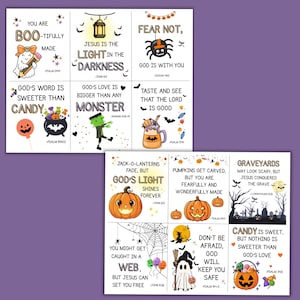 Puede incluir: Un conjunto de tarjetas con tem&aacute;tica de Halloween con mensajes inspiradores. Cada tarjeta presenta un dise&ntilde;o &uacute;nico, que incluye calabazas, fantasmas, ara&ntilde;as y murci&eacute;lagos. Las tarjetas tienen frases como "You are Boo-tifully Made" y "Fear Not, God is with You."