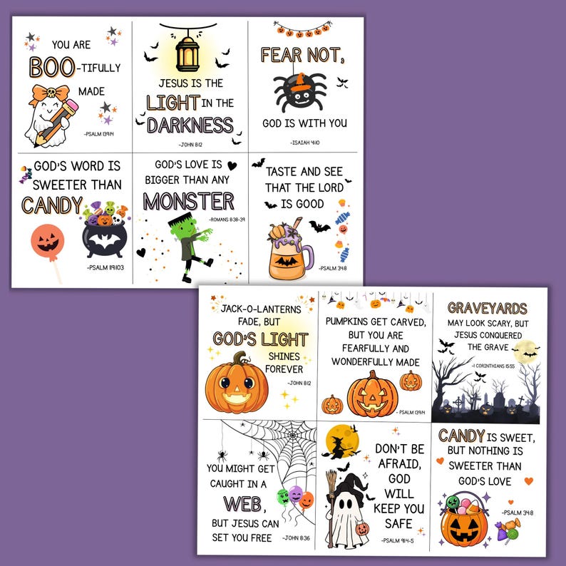 Puede incluir: Un conjunto de tarjetas con tem&aacute;tica de Halloween con mensajes inspiradores. Cada tarjeta presenta un dise&ntilde;o &uacute;nico, que incluye calabazas, fantasmas, ara&ntilde;as y murci&eacute;lagos. Las tarjetas tienen frases como "You are Boo-tifully Made" y "Fear Not, God is with You."